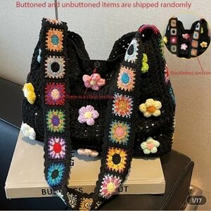 Bohemian Crochet Floral Black Shoulder Bag - Multicolor Accents